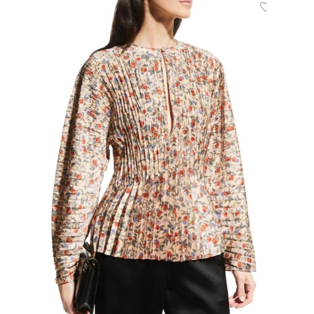 VINCE FLORAL POMEGRANATE PLEATED V-NECK LONG SLEEVE BLOUSE TOP M